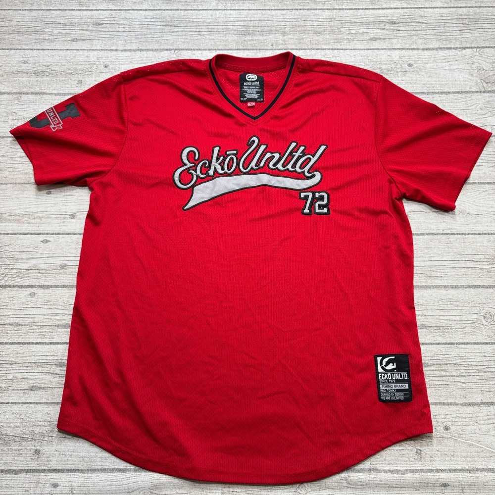 Ecko Unltd Jersey Men's XL Red Graphic Mesh Lined V-Neck Short Sleeve Streetwear